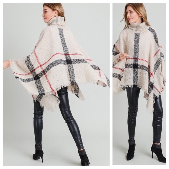 BOHO Plaid Turtleneck Sweater Poncho - Picture 6 of 7